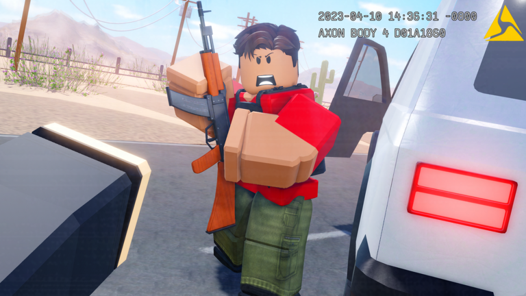 First-person view of a Highway Patrol officer aiming a pistol at a fleeing prisoner in a red pickup truck on a desert highway.